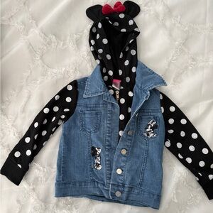 Disney Blue Jean Jacket with Black and White Polka Dot Sleeves